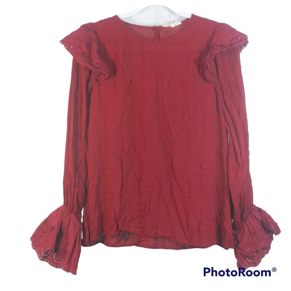 Entro Red Swiss Dot Long Sleeve Ruffles Blouse M